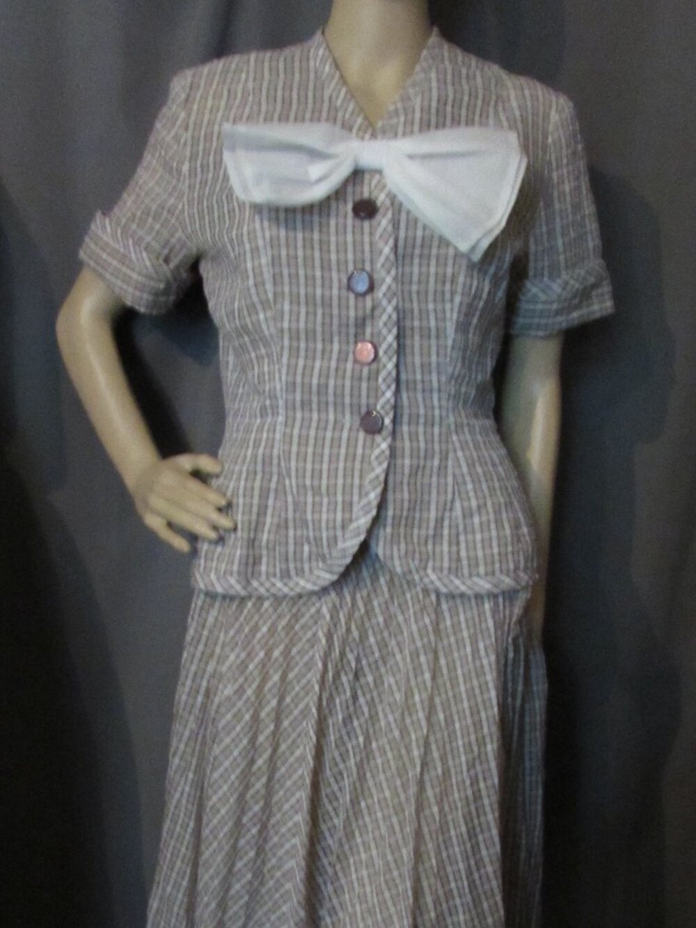 Vintage Seersucker Plaid Jacket & Skirt Brown Beige White